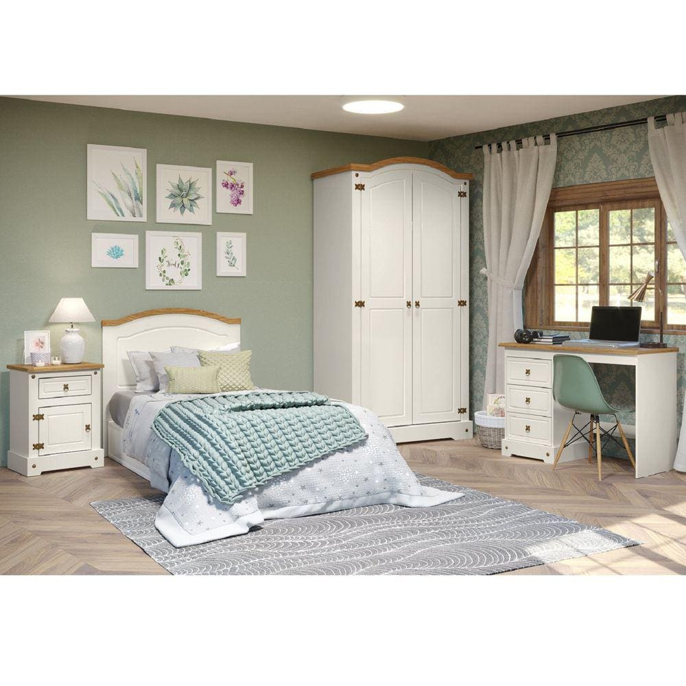 Quarto Infantil Completo 1 Guarda Roupa 1 Mesa de Cabeceira 1 Cabeceira Solteiro 1 Escrivaninha Smile Serpil Baby Creme/Carvalho