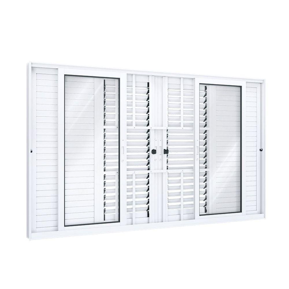Janela Veneziana de Correr Central Flex 4 Folhas Móveis 2 Fixas com Grade Lucasa Eccellente 120cmx150cm Branco