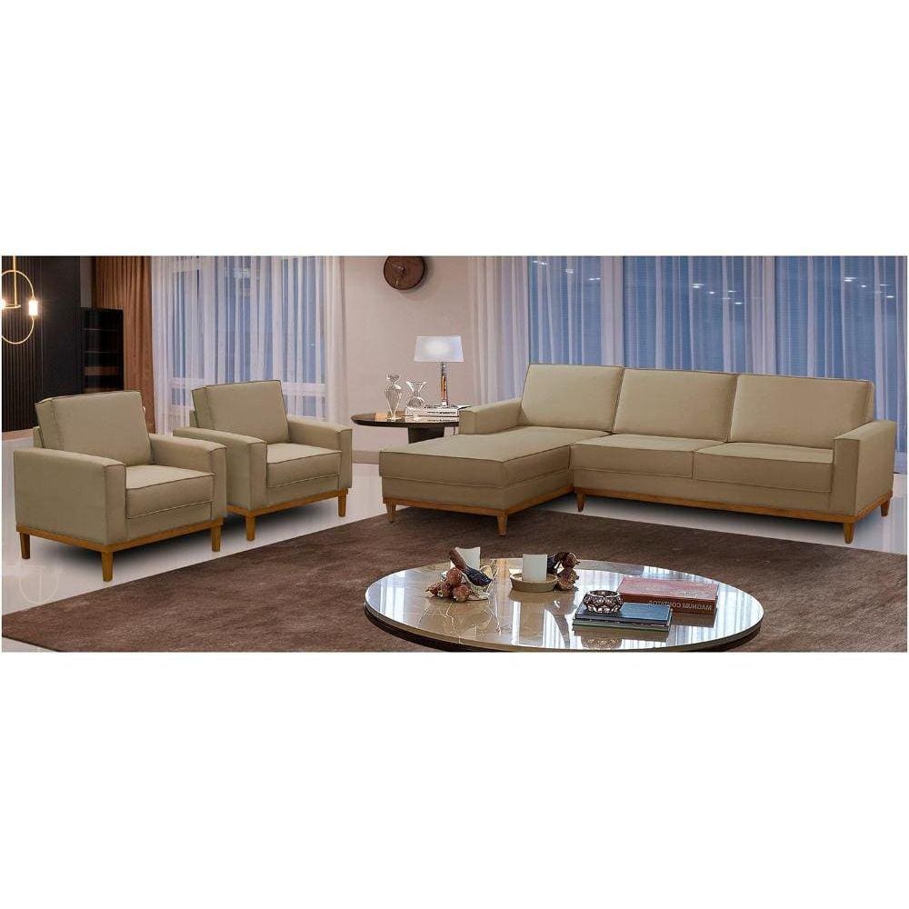Kit Sofá 3 Lugares 2,10m com Chaise Esquerdo e 2 Poltronas Living Lavinia Linho Bege Adonai Estofados