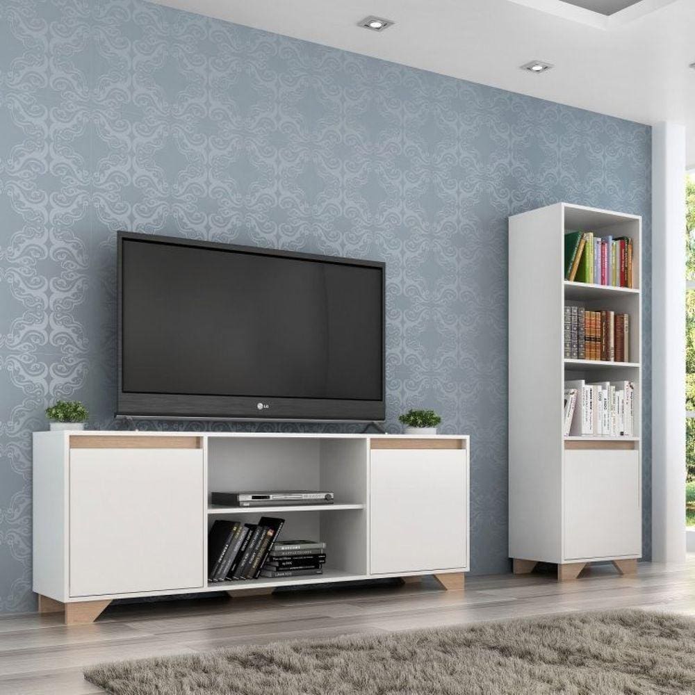 Conjunto Rack para TV até 60 Polegadas e Estante Benevello 2042 Quiditá Branco/Siena