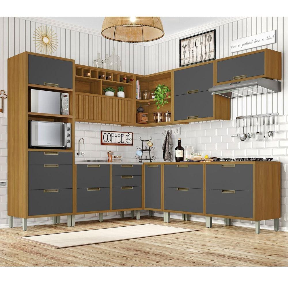 Cozinha 9 Peças Ângulo Torre Quente 100% MDF Imperatriz Nesher Freijó/Grafite