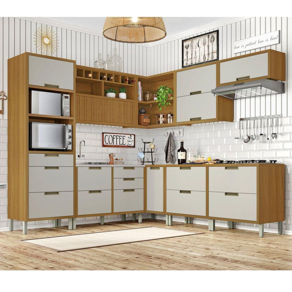 Cozinha 9 Peças Ângulo Torre Quente 100% MDF Imperatriz Nesher Freijó/Off White
