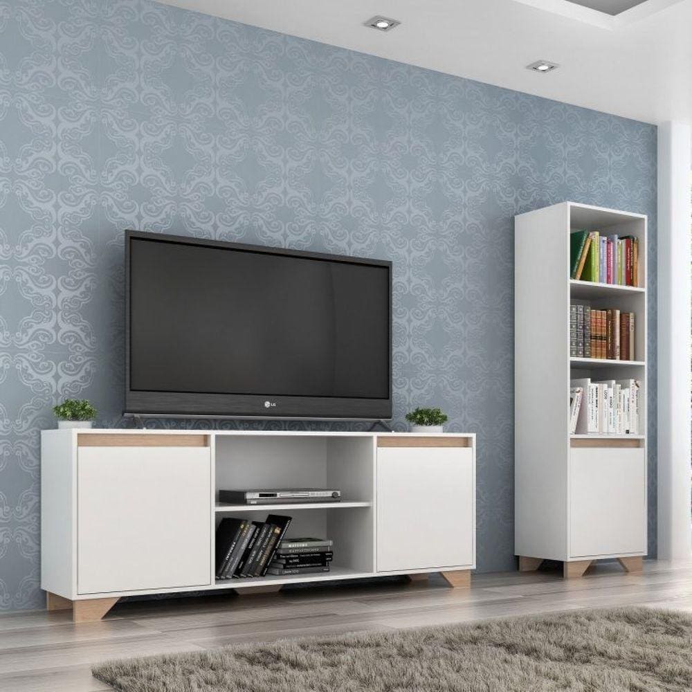 Conjunto Rack para TV até 50 Polegadas e Estante Benevello 2041 Quiditá Branco/Siena