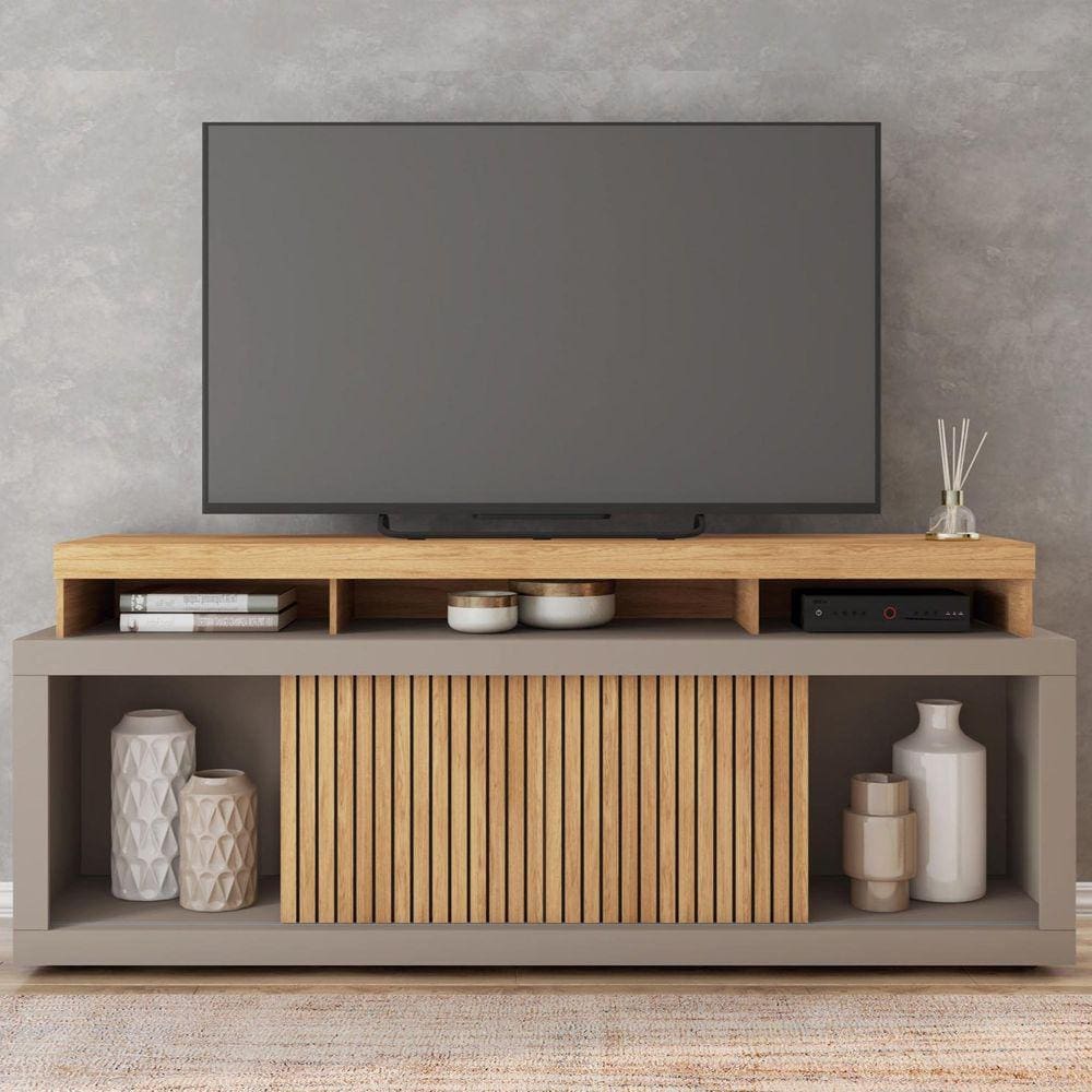Rack para TV até 75 Polegadas Frisos Decorativos Valença Caemmun Buriti/Cinza