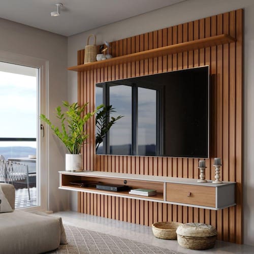 imagem-Painel Ripado Home para TV até 75 Polegadas 1 Gaveta 1 Nicho Detroit Tebarrot Marrom/Off White