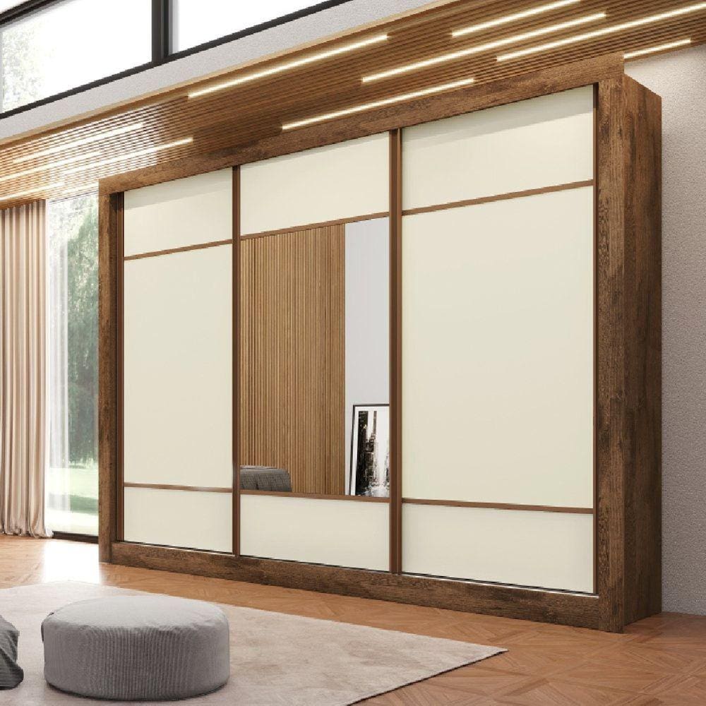 Guarda Roupa Casal 1 Porta Espelhada Zuma Made Marcs Braúna/Off White/Braúna