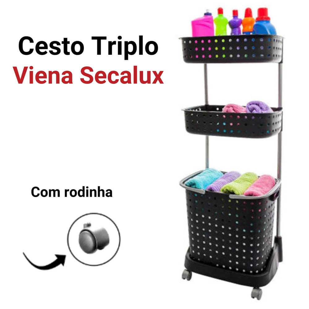 Cesto Organizador De Lavanderia Para Roupas e Produtos Viena Triplo Reforçado Com Rodinhas Prático Eficiente - Secalux