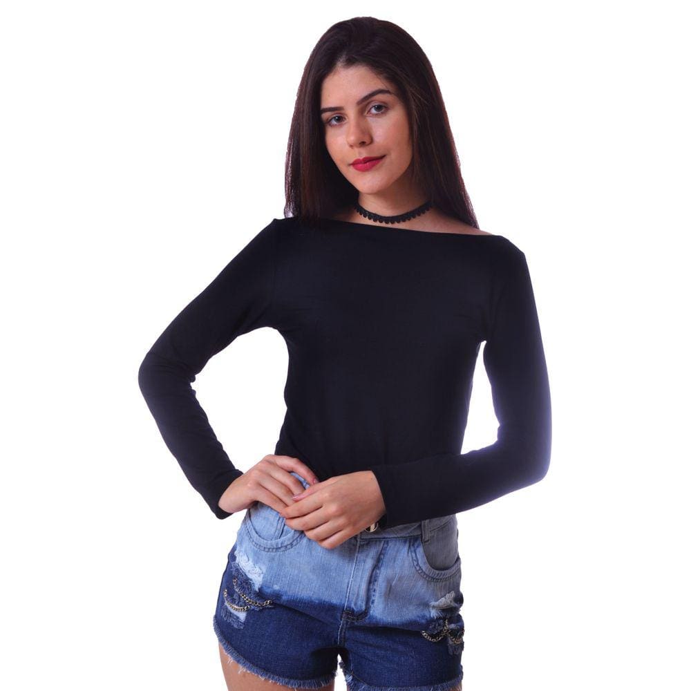 Blusa Básica Manga Longa Feminina Preto Decote Canoa GG