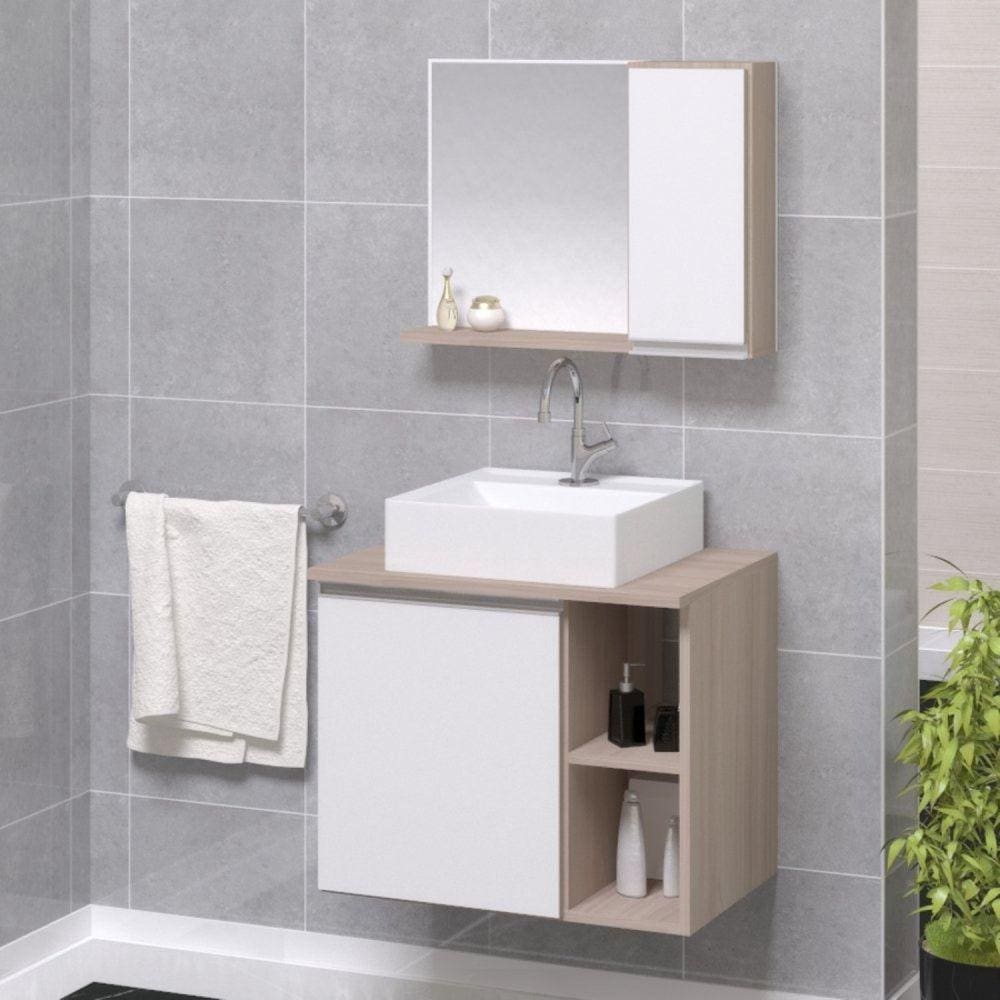 Gabinete para Banheiro Virtus 60cm com Cuba e Espelho Madeirado/Branco