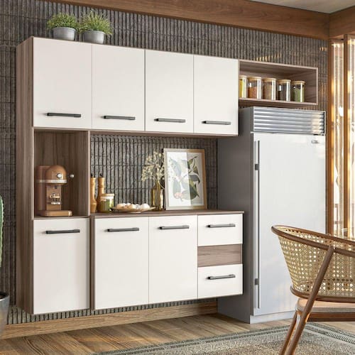 imagem-Cozinha Compacta Suspensa 7 Portas 2 Gavetas Juliete Carvalho Marrom/Off White Cristal - Branco