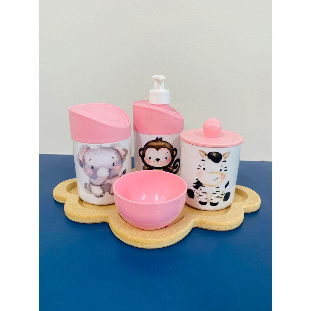 Kit Higiene Safari c/bandeja Nuvem Crua (Macaco, Zebra, Elefante)