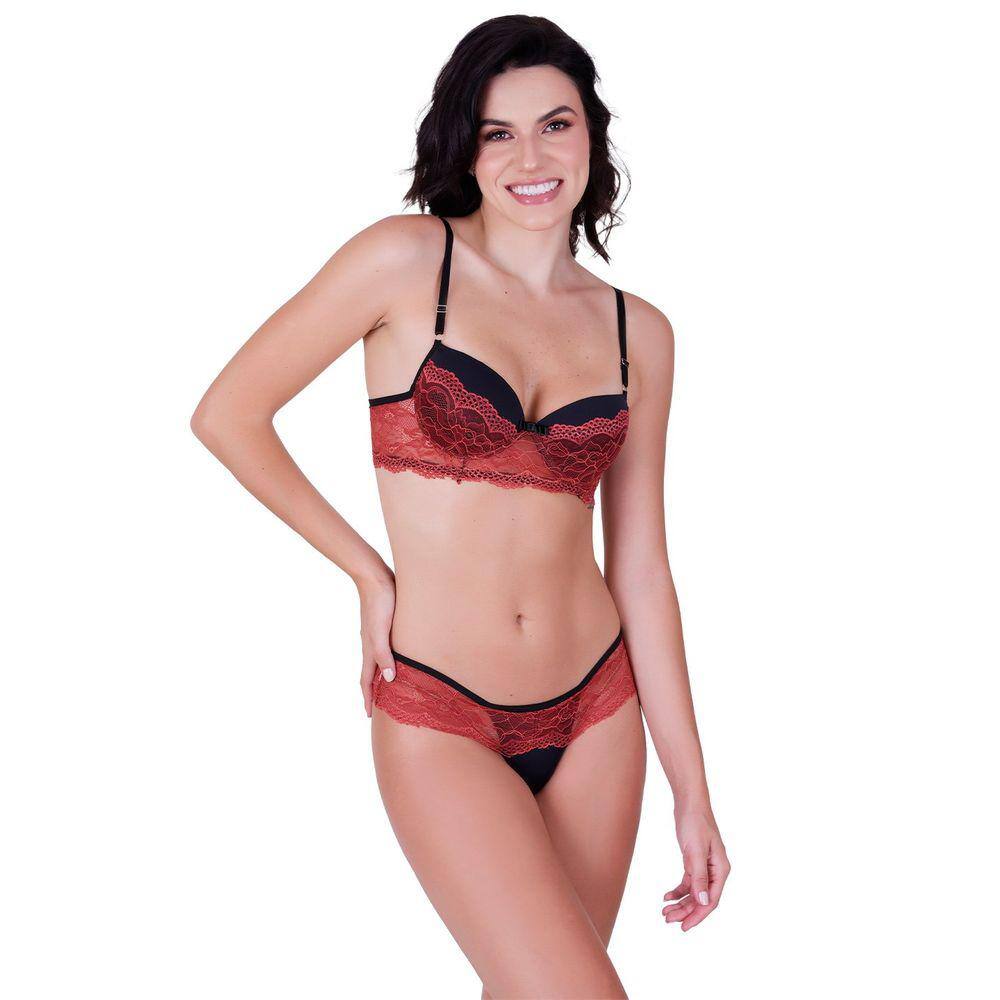 Conjunto fio sensual com bojo e arco em poliamida lisa e renda terra