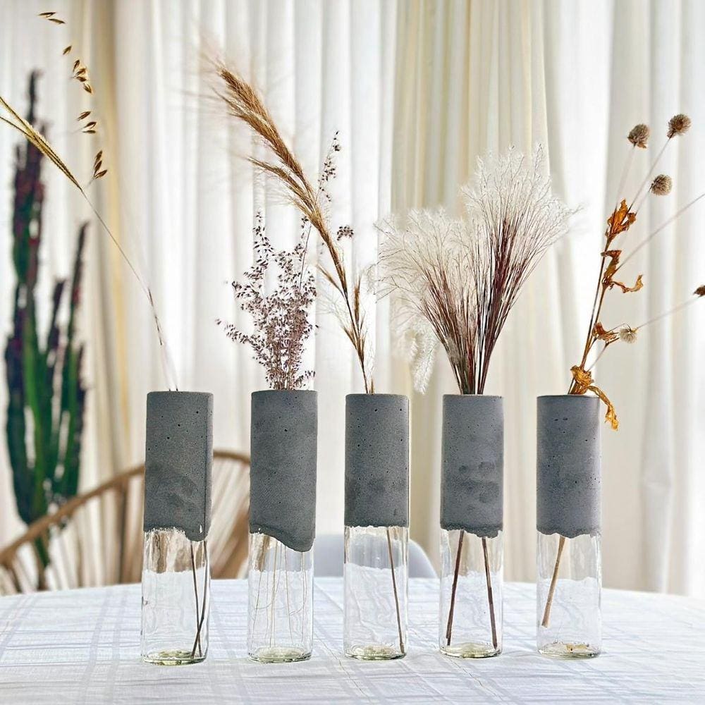 kit 5 vasos de vidro concreto cilíndrico para flores plantas
