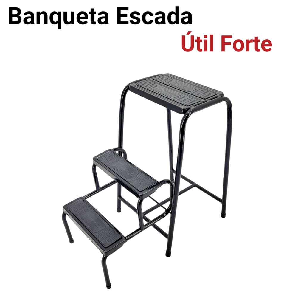 Escada 3 Degraus Banqueta Dobrável Black Escadinha Doméstica Prática Portátil Aço Reforçado - Utilaço
