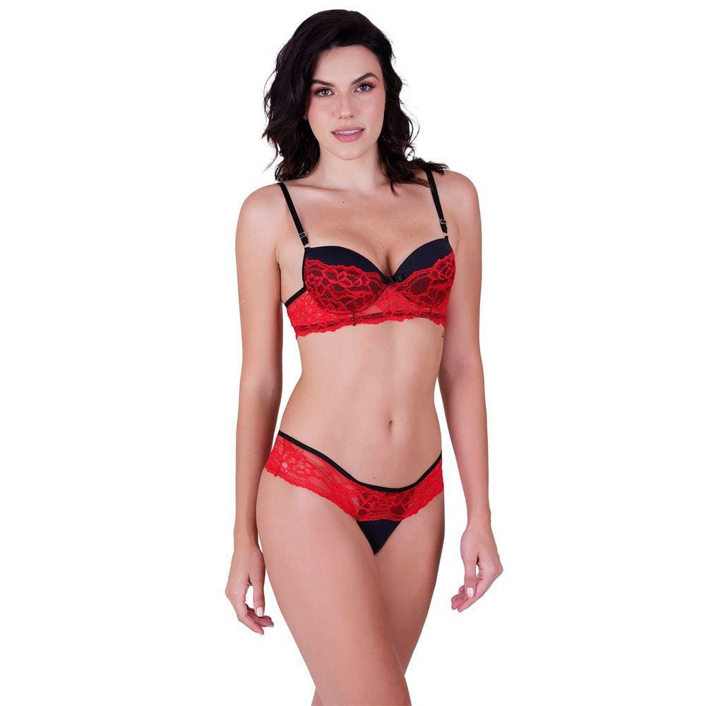 Conjunto fio sensual com bojo e arco em poliamida lisa e renda vermelho