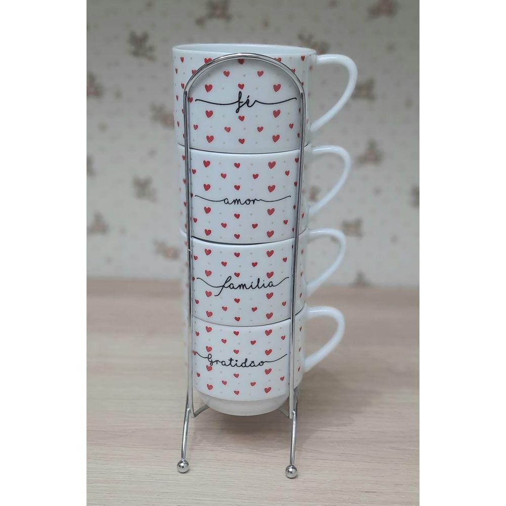 Kit Jogo 4 Xicaras Café Chá hotel 200ml Empilháveis com suporte - Poá coração frases