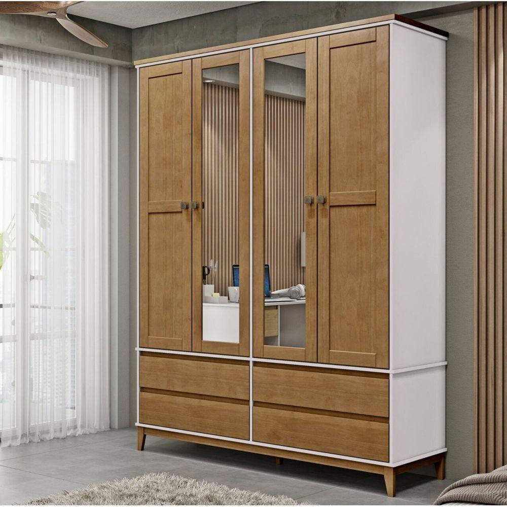 Guardar Casal Bipartido com Espelho 4 Portas 4 Gavetas Prata Finestra Off White/Freijó