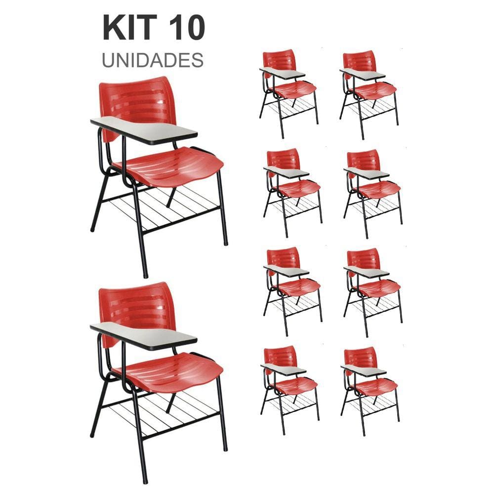KIT 10 Cadeiras Universitárias Vermelho com porta livros - Mastcmol