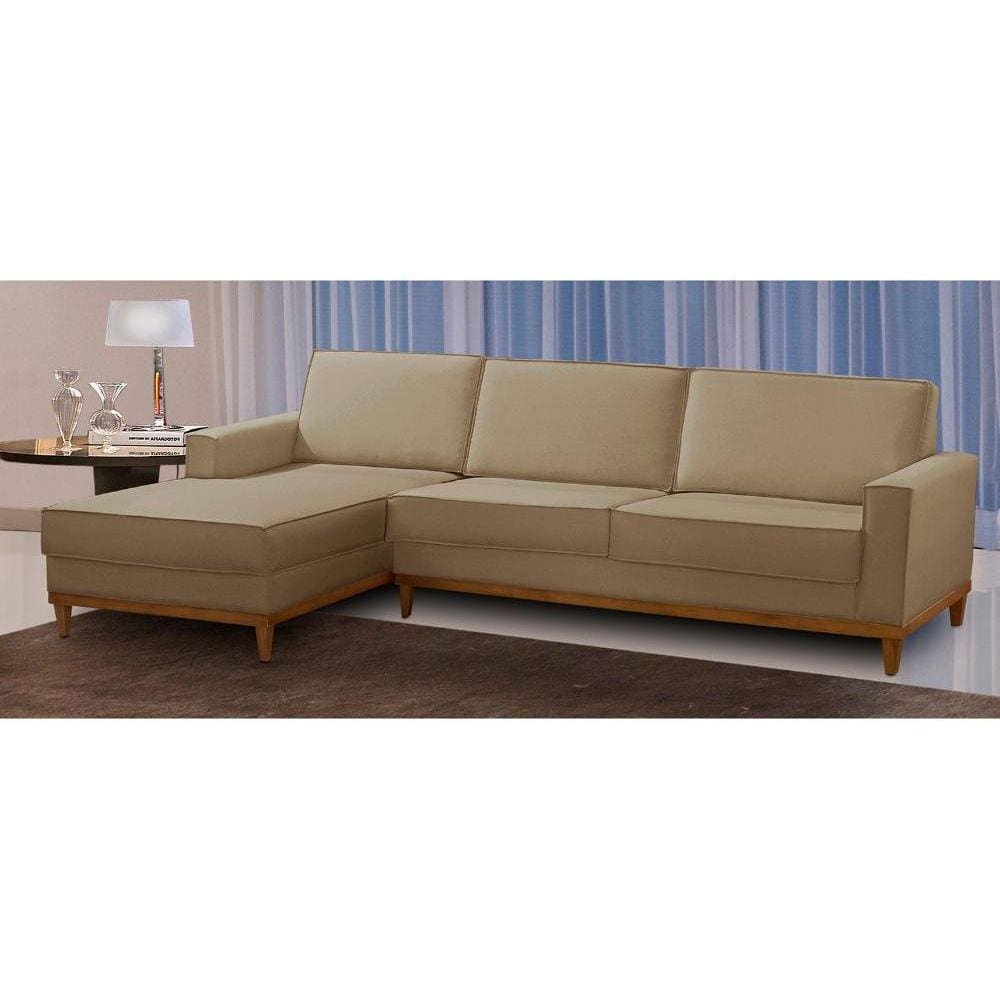 Sofá 3 Lugares 2,10m Living com Chaise Esquerdo Lavinia Linho Bege Adonai Estofados