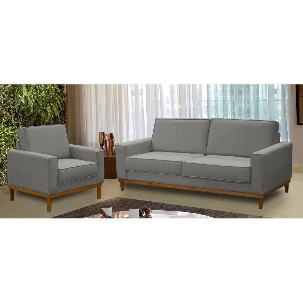 Kit Sofá 2 Lugares 1,80m e Poltrona Living Lavinia Linho Cinza Adonai Estofados