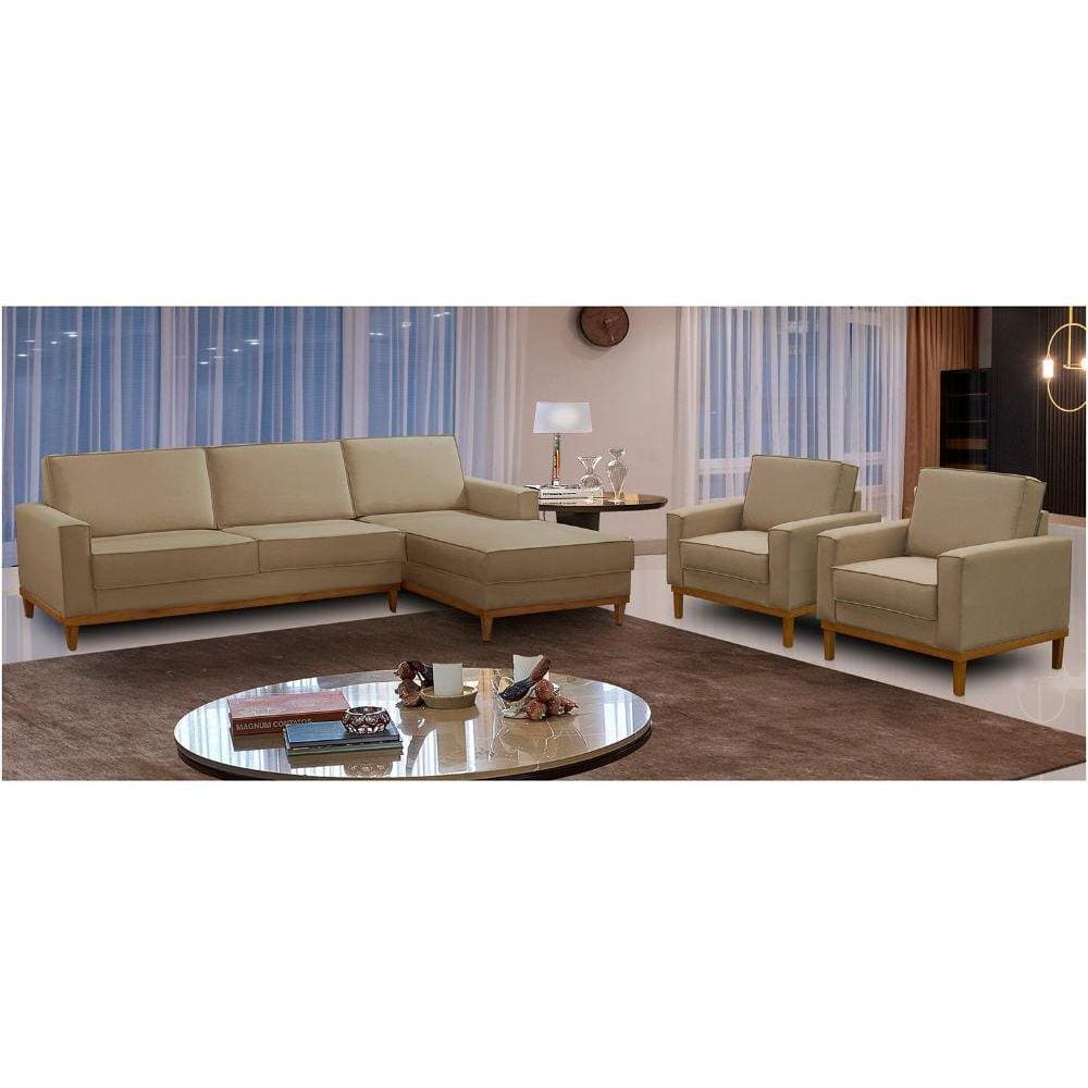 Kit Sofá 3 Lugares 2,10m com Chaise e 2 Poltronas Living Lavinia Linho Bege Adonai Estofados
