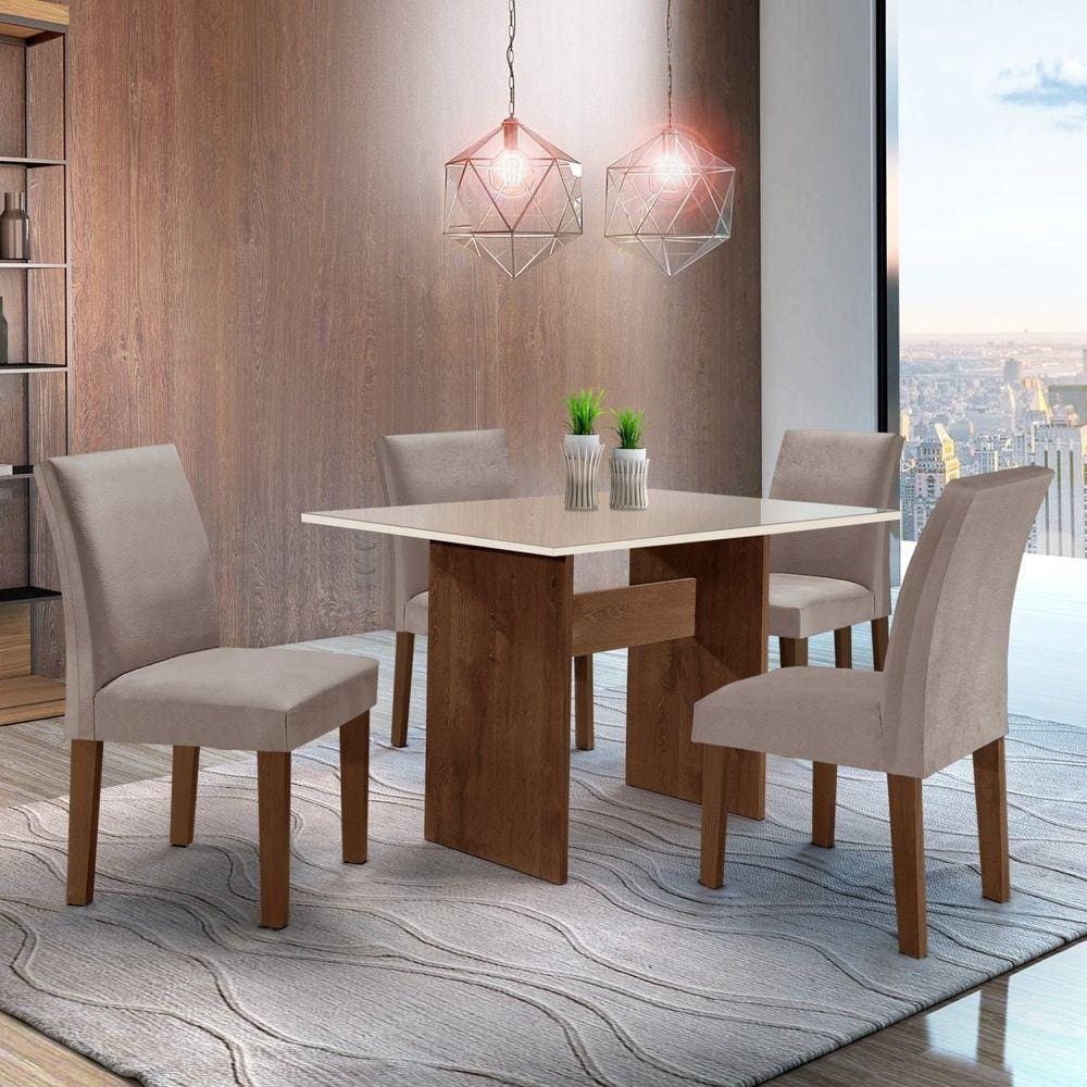 Conjunto Sala de Jantar Mesa 120x80cm Tampo MDF/Vidro com 4 Cadeiras Espanha Yescasa Chocolate/Suede Marrom Claro