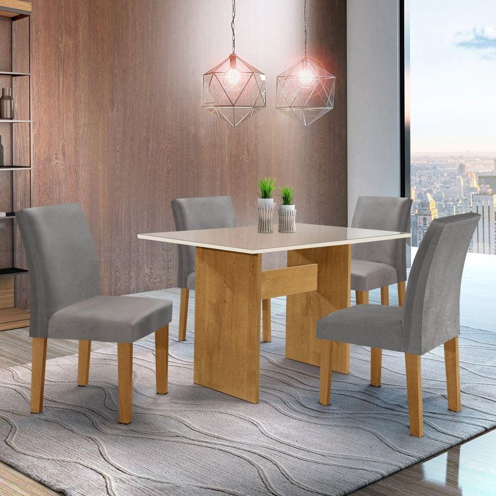 Conjunto Sala de Jantar Mesa 120x80cm Tampo MDF/Vidro com 4 Cadeiras Espanha Yescasa Ypê/Grafite/Suede Cinza