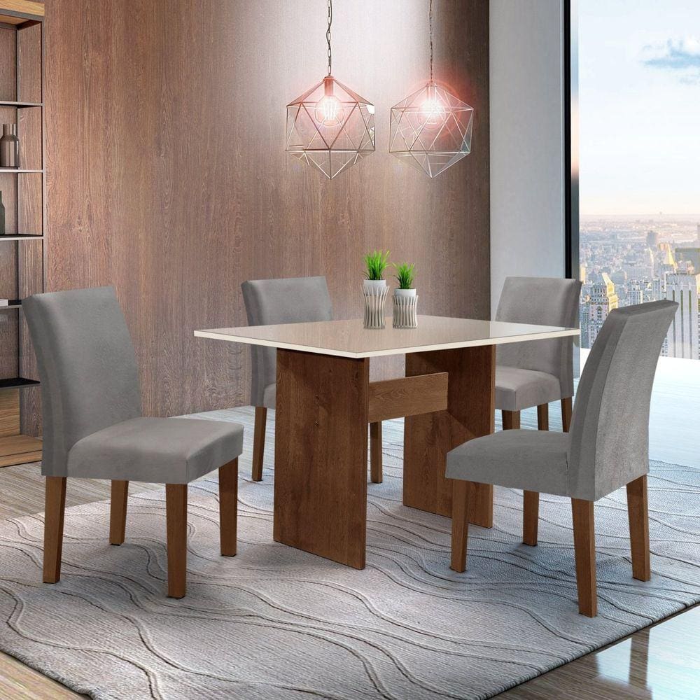 Conjunto Sala de Jantar Mesa 120x80cm Tampo MDF/Vidro com 4 Cadeiras Espanha Yescasa Chocolate/Grafite/Suede Cinza