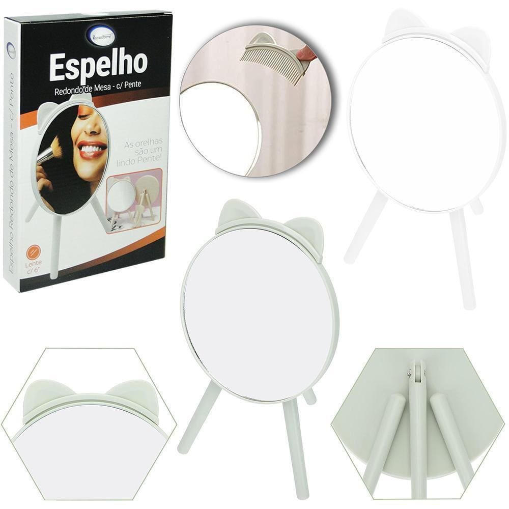 Espelho Mesa Redondo Pente + Moldura Pedestal Plastic Gatinh