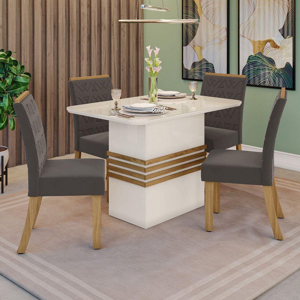 Conjunto Sala de Jantar Tampo MDF com Vidro Canto Arredondado 120 Cm 4 Cadeiras Melinda Casa 812