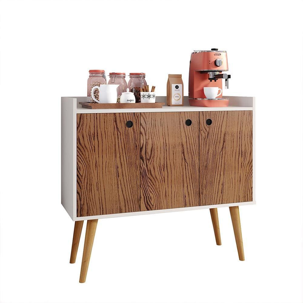 Aparador Buffet Wood Prime 3 Portas Cantinho Café Prateleira Organizadora Pés Palito Decoração Retrô - Off White|Freijó - RPM Móveis