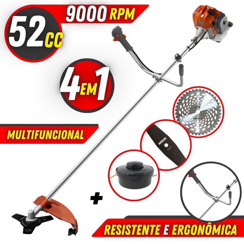 Aparador de Grama Á Gasolina Tekna RL520ACN TK 52cc 2HP 9000RPM Alta Performance + Lâmina Extra de 2 Pontas e Disco Extra de 40 Dentes de Vídea
