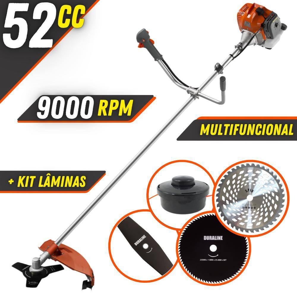 Roçadeira Multifuncional 52cc Tekna RL520 2HP 9000rpm Com Cabeçote Nylon, Lâminas 3 Pontas + Lâmina 2 Pontas + Lâmina 40 Dentes + Lâmina 80 Dentes