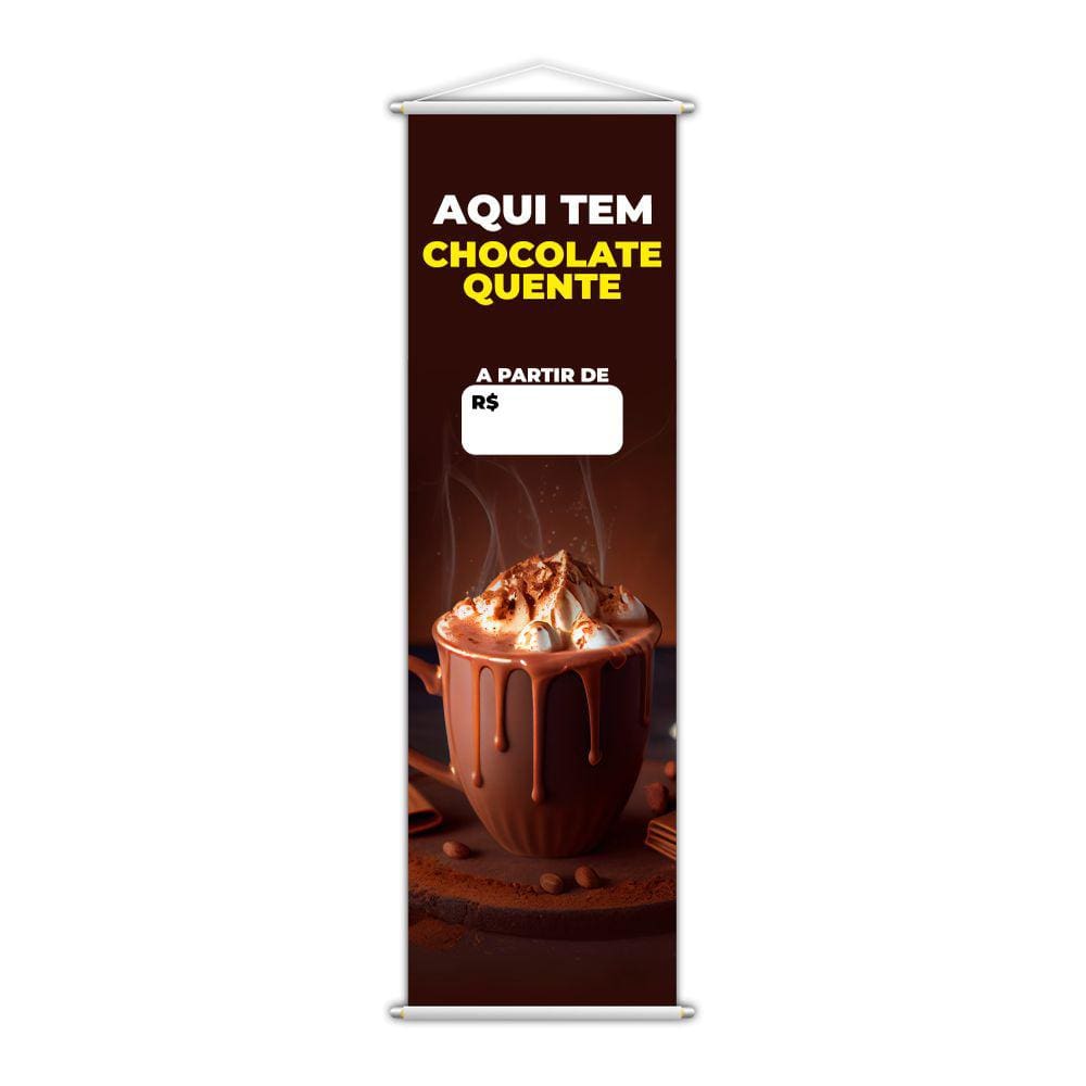 Banner Aqui Tem Chocolate Quente Preço Branco Lona 100x30cm