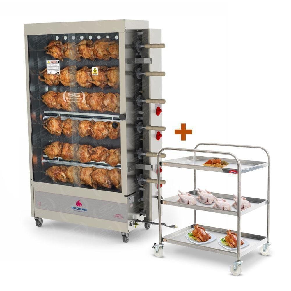 Assador De Frango Gás 6 Espetos Tubular Pr-634 Progás + Carrinho Inox Imeca Bivolt
