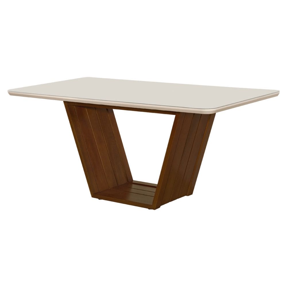 Mesa de Jantar Luxo Retangular 160x90 Mdf/vidro para 6 Lugares Pés Madeira Maciça Safira Imbuia/off