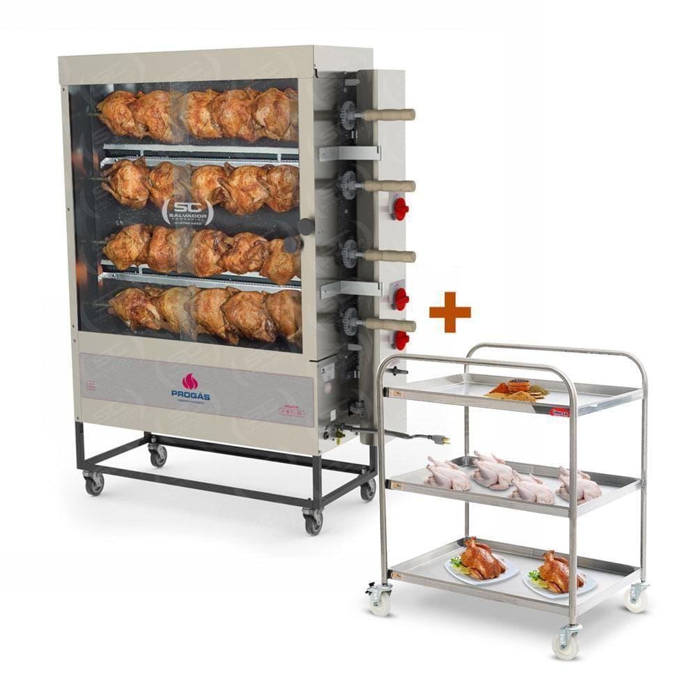 Assador De Frango Gás 4 Espetos Tubular Pr-623 Progás + Carrinho Inox Imeca Bivolt