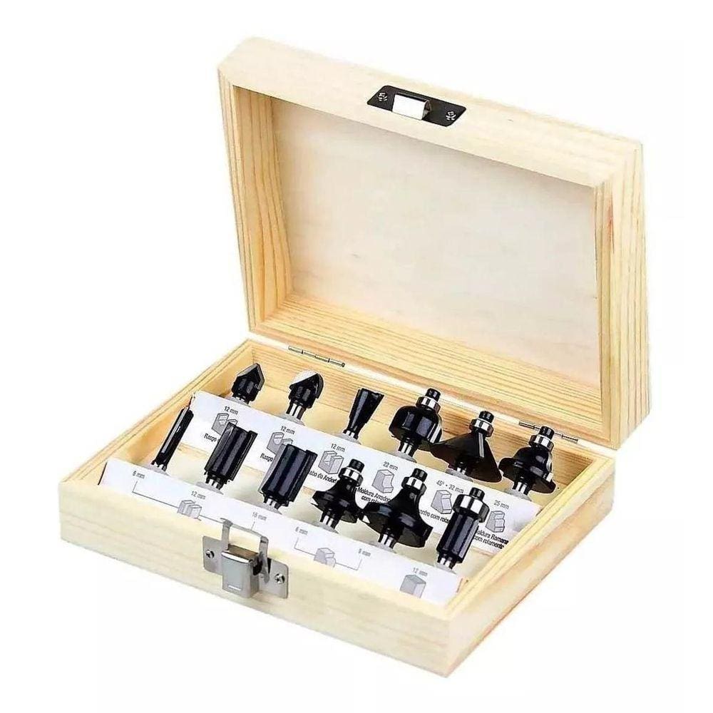 Jogo Kit Fresas Pra Tupia 15 Pçs 8Mm + Estojo De Madeira.