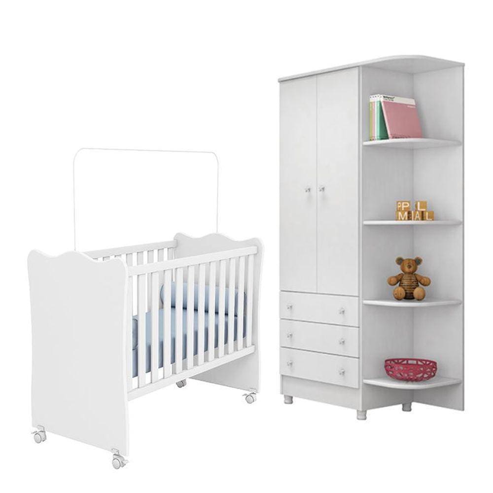 Jogo de Quarto Doce Sonho Guarda Roupa 2 Portas e Berço com Rodízio - Qmovi