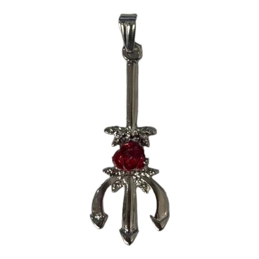 Pingente Tridente Pomba Gira Com Rosa 4,1 Cm Niquel