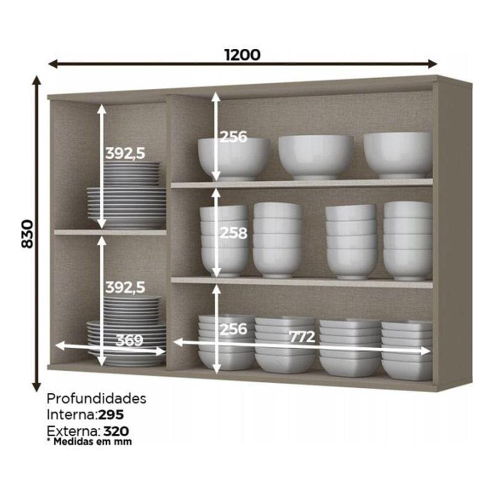 Armário Aéreo 3 Portas de Vidro 120cm Connect - Móveis Henn