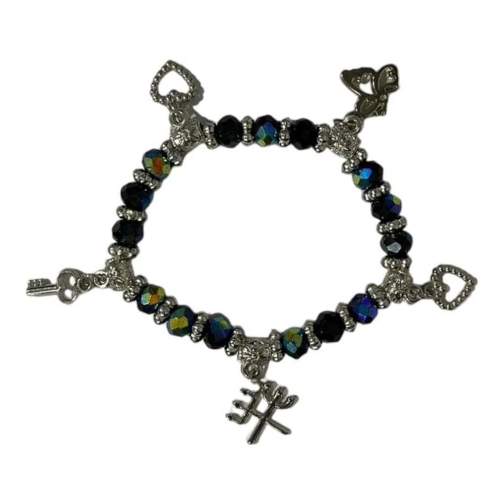 Pulseira Exu Cristal Preto Ab Pingentes Prata E Silicone