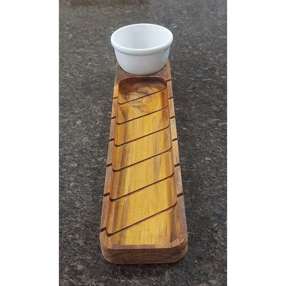 Kit tábua p/cortar baguete + tigela p/molhos-patês-caldas - Porcelana e Madeira Teca