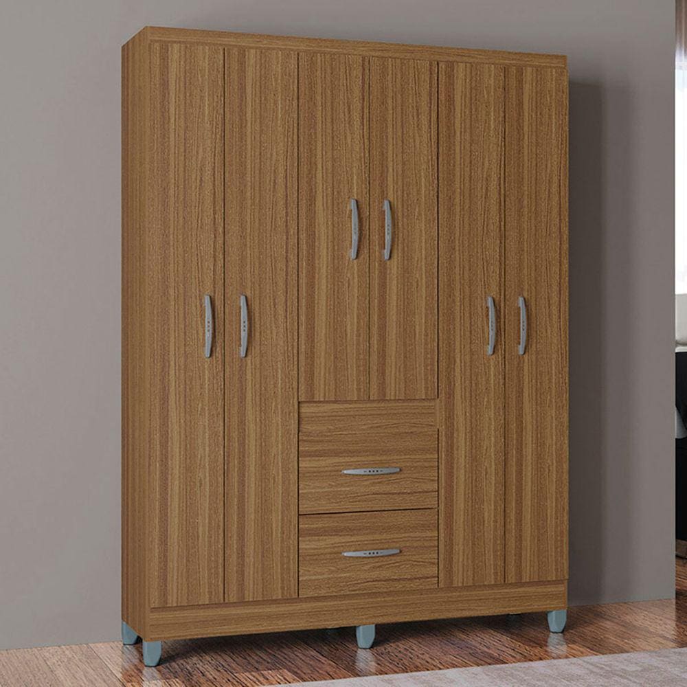 Guarda-Roupa Solteiro Milão 6 Portas 2 Gavetas Castanho - Poquema