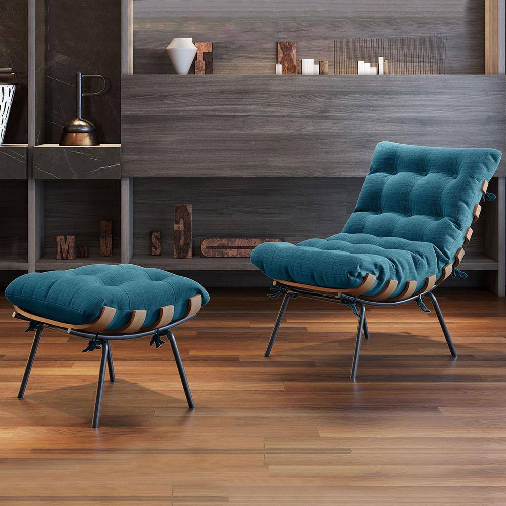 Poltrona Costela com Puff Preto/Linho Jeans Azul 3965 - Mais Decor
