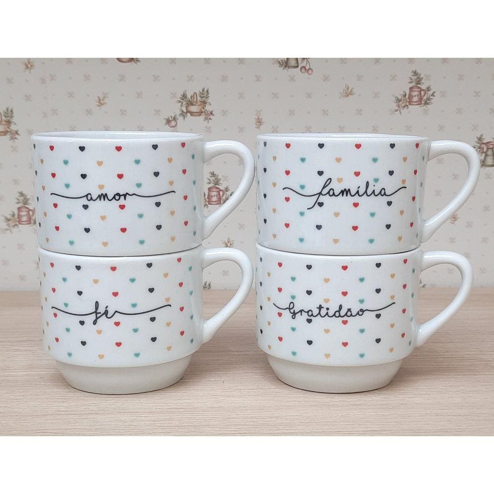 Kit Jogo 4 Xicaras Café Chá hotel 200ml Empilháveis - Poá Colorido Frases