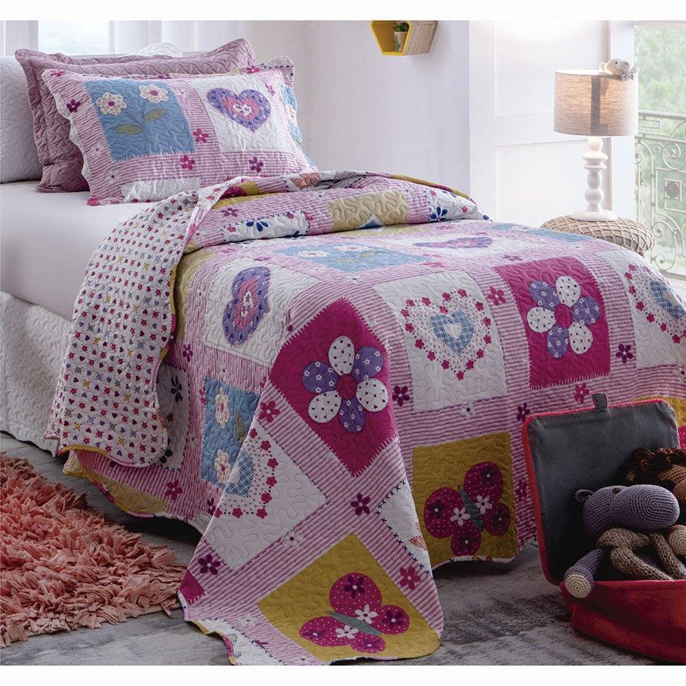 Colcha Bouti Teen - Solteiro - Dupla Face - C/ Porta Travesseiro - Flores - Rozac