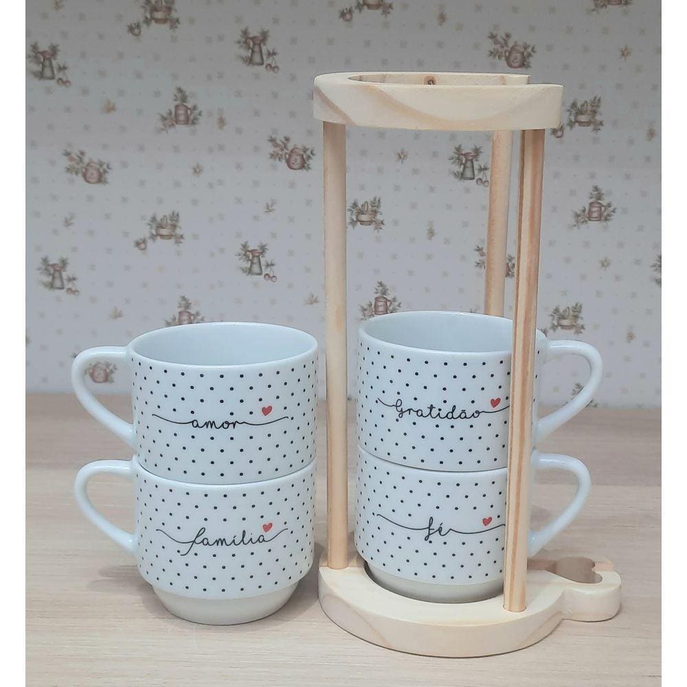 Kit Jogo 4 Xicaras Café Chá hotel 200ml Empilháveis com suporte pinus - Poá Preto Frases