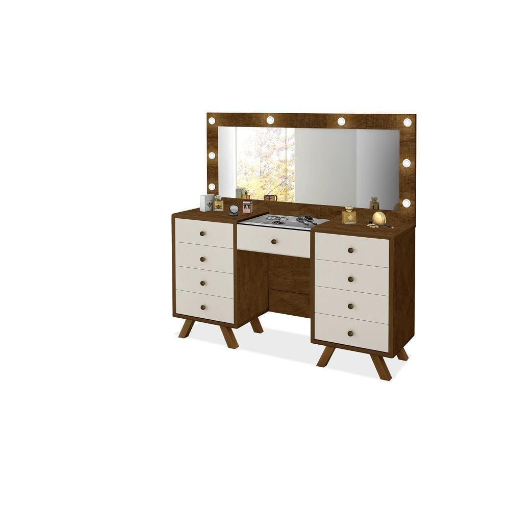 Penteadeira Camarim Mila 9 gavetas led espelho pés de madeira Malbec/Off White