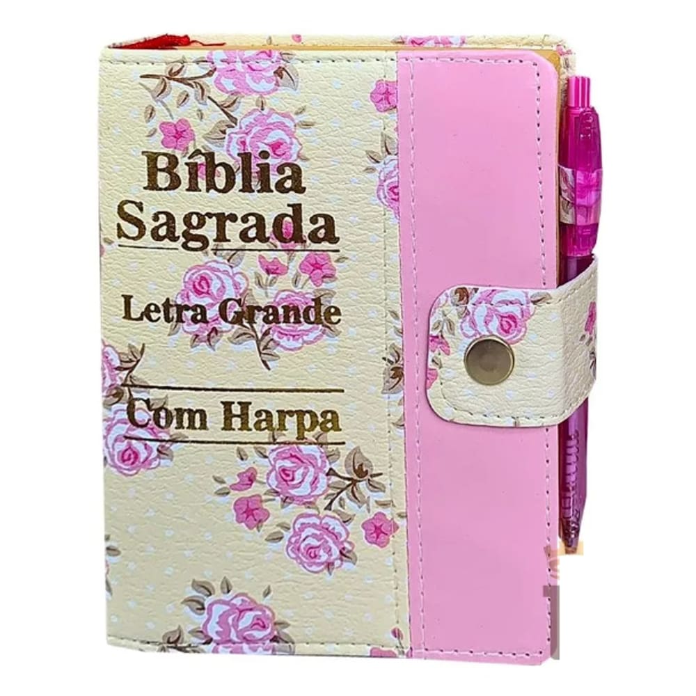 Bíblia Letra Grande Sagrada Com Caneta Tecido Harpa Floral